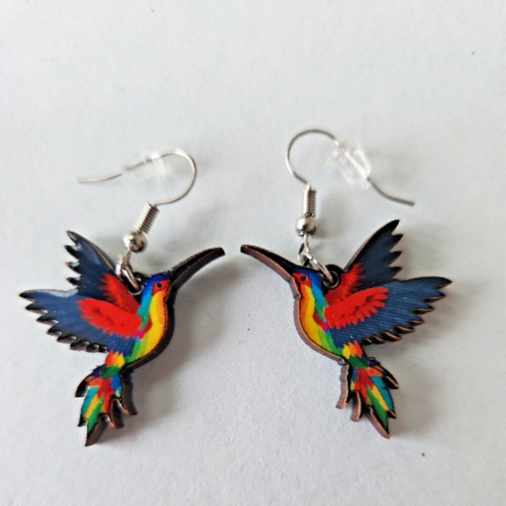 Multicolor Artisanal Wooden Hummingbird Earrings